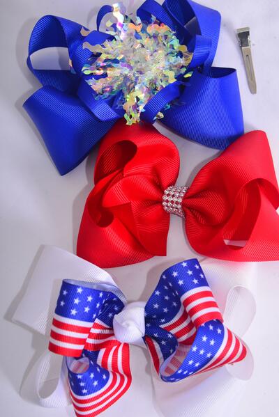 Hair Bow Jumbo Patriotic Stars Stripes Mix Grosgrain Bow-tie / 12 pcs Bow = Dozen Alligator Clip , Bow - 6" x 5" Wide , 4 Of Each Pattern Asst , Clip Strip & UPC Code