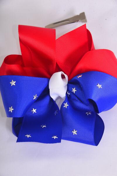 Hair Bow Jumbo Patriotic Silver Star Studded Grosgrain Bow-tie / 12 pcs Bow = Dozen Alligator Clip , Bow - 6" x 5" Wide , Clip Strip & UPC Code
