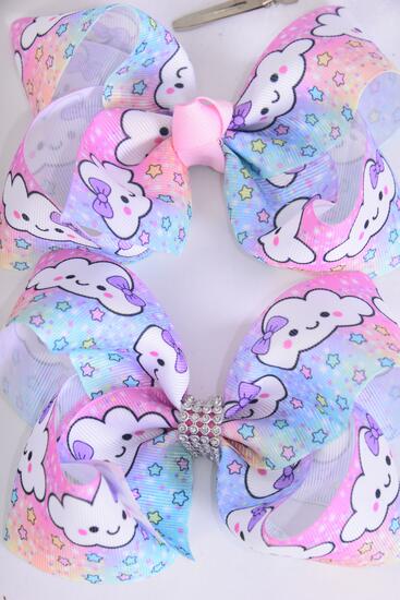Hair Bow Jumbo Cute Happy Cloud w Stars Grosgrain Bow-tie / 12 pcs Bow = Dozen Alligator Clip , Size - 6" x 5" Wide , Clip Strip & UPC Code