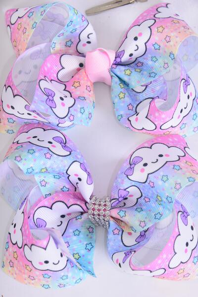 Hair Bow Jumbo Cute Happy Cloud w Stars Grosgrain Bow-tie / 12 pcs Bow = Dozen Alligator Clip , Size - 6" x 5" Wide , Clip Strip & UPC Code