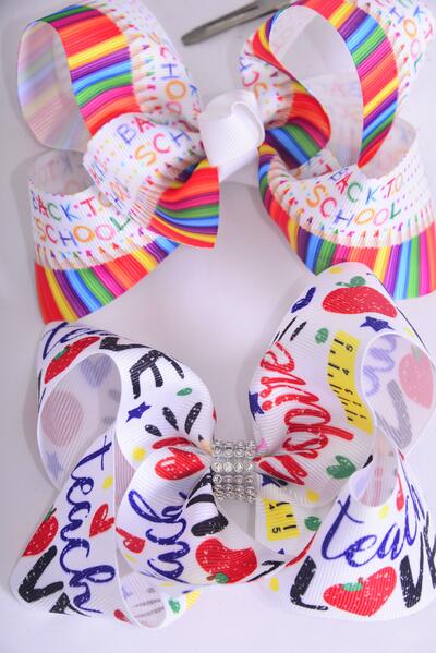 Hair Bow Jumbo School Love Teacher Etc Grosgrain Bow-tie / 12 pcs Bow = Dozen  Alligator Clip , Size - 6" x 5" Wide , 6 of each Pattern Asst , Clip Strip & UPC Code