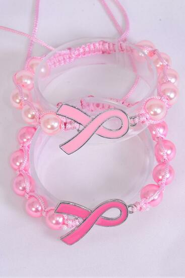 Bracelet Pink Ribbon Braided Rope 10 mm Glass Pearl Brads / 12 pcs = Dozen Adjustable , 6 of each Color Asst , Hang Tag & OPP Bag & UPC Code