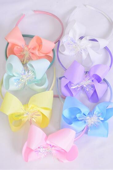 Headband Horseshoe Iridescent Grosgrain Bow-tie Pastel / 12 pcs = Dozen Bow Size - 6" x 5" Wide , 2 White , 2 Pink , 2 Yellow , 2 Lavender , 2 Blue , 1 Peach , 1 Mint Green Color Mix , Hang Tag & OPP Bag and UPC Code