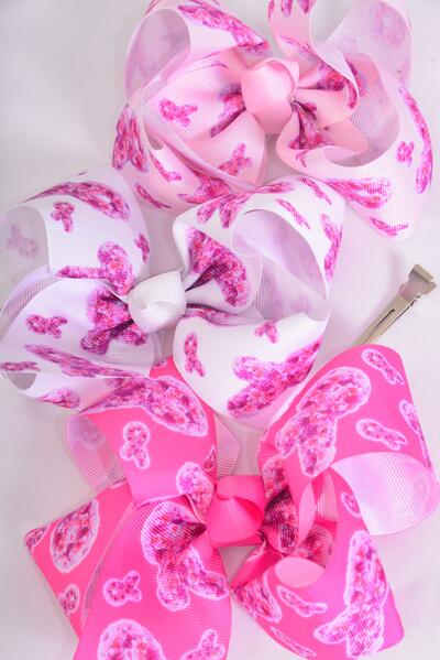 Hair Bow Jumbo Pink Ribbon Grosgrain Bow-tie / 12 pcs Bow = Dozen Alligator Clip , Size - 6" x 5 Wide , 4 White , 4 Baby Pink , 4 Hot Pink Color Asst , Clip Strip & UPC Code