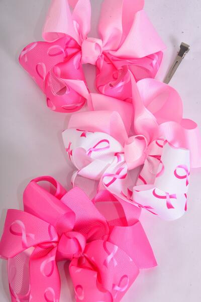 Hair Bow Jumbo Pink Ribbon Grosgrain Bow-tie / 12 pcs Bow = Dozen Alligator Clip , Size - 6" x 6" Wide , 4 of each Pattern Asst , Clip Strip & UPC Code