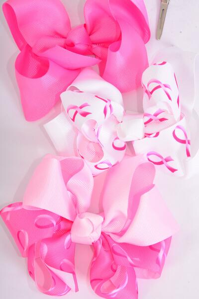 Hair Bow Jumbo Pink Ribbon Grosgrain Bow-tie / 12 pcs Bow = Dozen Alligator Clip , Size - 6" x 5" Wide , 4 Of Each Pattern , Clip Strip & UPC Code