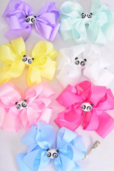 Hair Bow Jumbo Double Layered Cute Panda Bear Grosgrain Bow-tie / 12 pcs Bow = Dozen Alligator Clip , Size - 6" x 5" , 2 White , 2 Pink, 1 Blue , 1 Yellow , 2 Lavender, 2 Hot Pink , 2 Mint Green Color Asst , Clip Strip & UPC Code