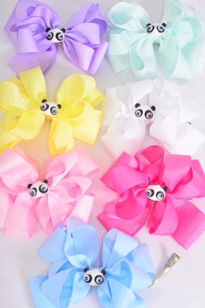Hair Bow Jumbo Double Layered Cute Panda Bear Grosgrain Bow-tie / 12 pcs Bow = Dozen Alligator Clip , Size - 6" x 5" , 2 White , 2 Pink, 1 Blue , 1 Yellow , 2 Lavender, 2 Hot Pink , 2 Mint Green Color Asst , Clip Strip & UPC Code