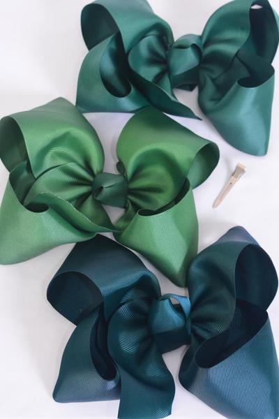 Hair Bow Jumbo Hunter Green Spruce Forest Green Color Mix Grosgrain Bow-tie / 12 pcs Bow = Dozen Alligator Clip , Size - 6" x 5" Wide , 4 Hunter Green , 4 Spruce , 4 Forest Green Color Mix , Clip Strip and UPC Code