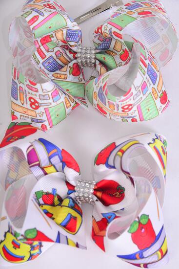 Hair Bow Jumbo Back to School Grosgrain Bow-tie / 12 pcs Bow = Dozen Alligator Clip , Size - 6" x 5" Wide , 6 Of Each Pattern Asst , Clip Strip and UPC Code