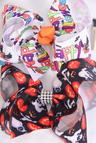 Hair Bow Jumbo Happy Halloween BOO Cute Jack O&#039;lantern Mix Grosgrain Bow-tie / 12 pcs Bow = Dozen Alligator Clip , Size - 6" x 5" Wide , 6 Of each Pattern Mix , Clip Strip & UPC Code