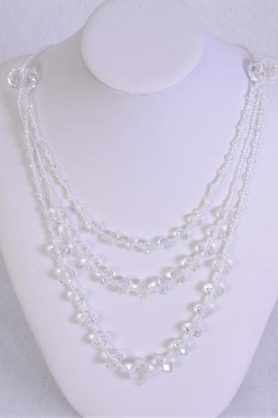 Necklace Triple Layered Glass Crystal / PC Size - 24" Long , Hang Tag & OPP Bag , Choose Colors