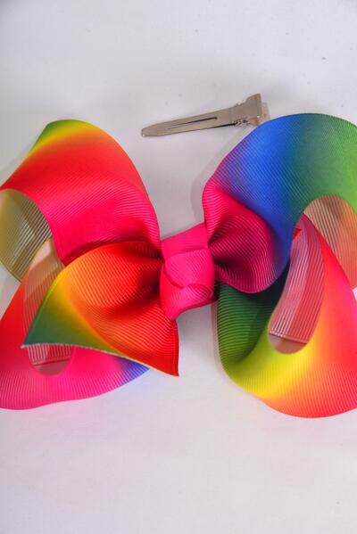 Hair Bow Jumbo Rainbow Tiedye Gradient Center Clear Stones Grosgrain Bow-tie / 12 pcs Bow = Dozen Alligator Clip , Size - 6" x 5" Wide , Clip Strip & UPC Code