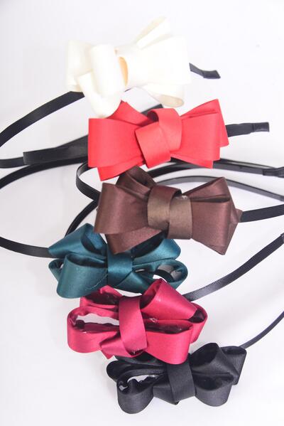 Headband Horseshoe Metal Satin Bow-tie Dark Multi / 12 pcs = Dozen  Bow-tie Size - 3" x 2.5", 2 Black , 2 Burgundy , 2 Brown , 2 Huntergreen , 2 Beige , 2 Autumn Orange Color Asst , Hang Tag & UPC Code , W Clear Box