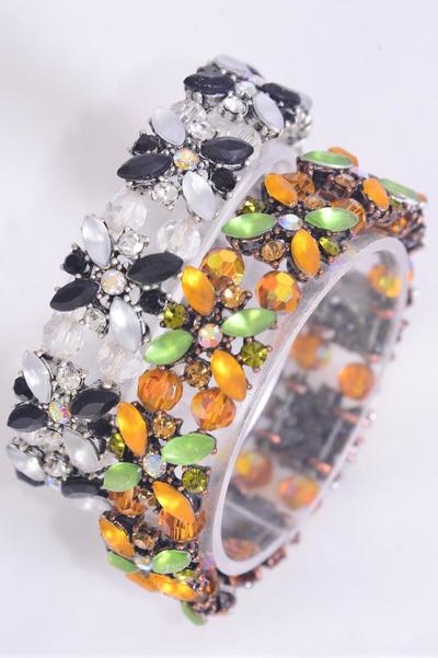 Bracelet Flower Rhinestone Acrylic Stone Mix Stretch / 12 pcs = Dozen Stretch , Flower - 0.75" Wide , 6 Black , 6 Amber Color Asst , Hang card & Opp Bag 