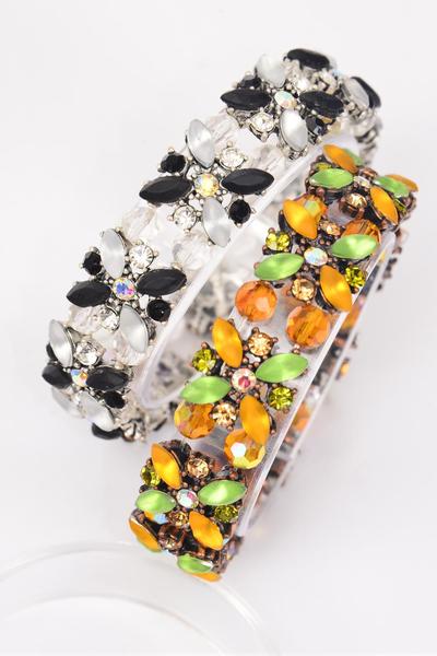 Bracelet Flower Rhinestone Acrylic Stone Mix Stretch / 12 pcs = Dozen Stretch , Flower-0.75" Wide , Choose Colors, Hang card & Opp Bag 