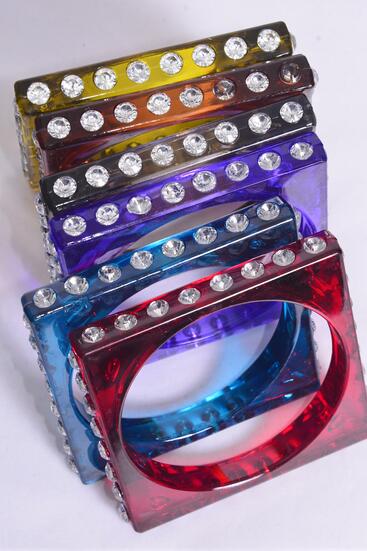 Bangle Acrylic Square Clear Stones All Around Plus Size Dark Transparent / 12 pcs = Dozen Dark Transparent , Plus Size - 3" Dia Wide , 2 of each Color Asst , Hang Tag & Opp Bag & UPC Code 