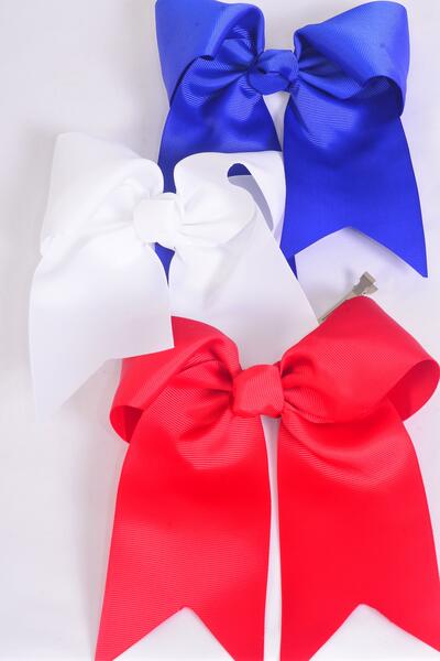 Hair Bow Extra Jumbo Long Tail Cheer Type Bow Patriotic Grosgrain Bow-tie Red White Blue Mix / 12 pcs Bow = Dozen Alligator Clip , Size - 6.5" x 6" Wide , 4 of each Pattern Asst , Clip Strip & UPC Code