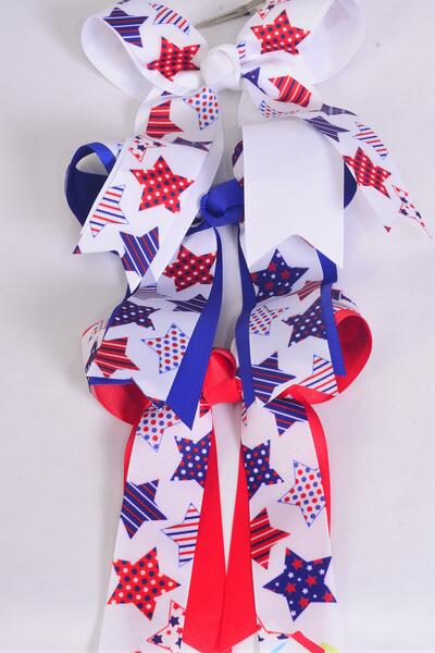 Hair Bow Large Long Tail Double Layered Patriotic Grosgrain Bow-tie / 12 pcs Bow = Dozen Alligator Clip , Bow - 6.5" x 6" Wide , 4 Of Each Pattern Asst , Clip Strip & UPC Code