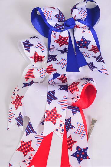Hair Bow Large Long Tail Double Layered Patriotic Grosgrain Bow-tie / 12 pcs Bow = Dozen Alligator Clip , Bow - 6.5" x 6" Wide , 4 Of Each Pattern Asst , Clip Strip & UPC Code