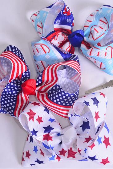 Hair Bow Jumbo Patriotic Flag Stars Flip Flop Mix Grosgrain Bow-tie / 12 pcs Bow = Dozen Alligator Clip , Bow - 6" x 5" Wide , 4 Of Each Pattern Asst , Clip Strip & UPC Code