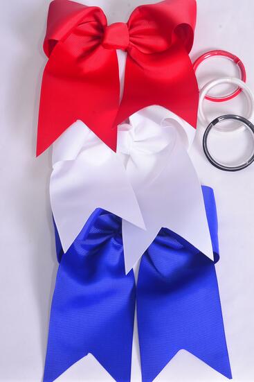 Hair Bow Extra Jumbo Long Tail Cheer Type Bow Red White Royal Blue Mix Elastic Grosgrain Bow-tie / 12 pcs Bow = Dozen Elastic Pony , Size - 6.5" x 6" Wide , 4 Red , 4 White , 4 Royal Blue Color Asst , Clip Strip and UPC Code 