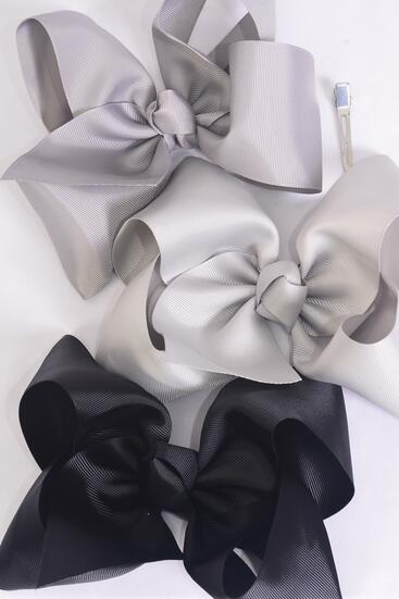Hair Bow Extra Jumbo Cheer Type Bow Black Gray Color Mix Grosgrain Bow-tie / 12 pcs Bow = Dozen  Alligator Clip , Size - 8" x 7" Wide , 4 Black , 4 Silver Gray , 4 Gray Color Asst , Clip Strip & UPC Code