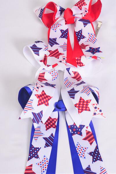 Hair Bow Large Long Tail Double Layered Patriotic Grosgrain Bow-tie / 12 pcs Bow = Dozen Alligator Clip , Bow - 6.5" x 6" Wide , 4 Of Each Pattern Asst , Clip Strip & UPC Code