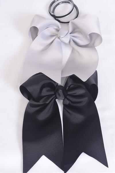 Hair Bow Extra Jumbo Long Tail Cheer Type Bow Black Gray Mix Elastic Grosgrain Bow-tie / 12 pcs Bow = Dozen Elastic , Size - 6.5" x 6" Wide , 6 Black , 6 Gray Color Asst , Clip Strip & UPC Code
