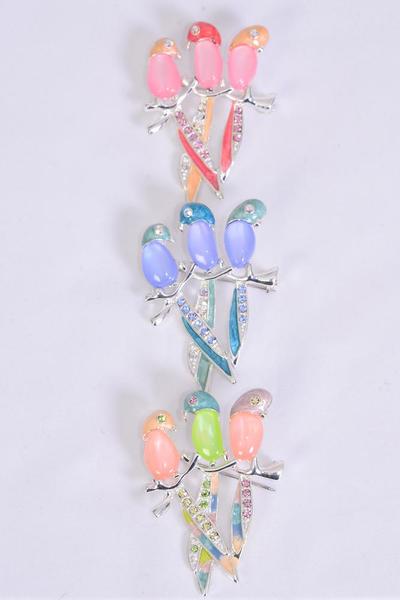 Brooch 3 Birds Parrot Cat eye w Rhinestones / 12 pcs = Dozen Size - 2.5" x 1.5" Wide , Choose Colors , w Display Card