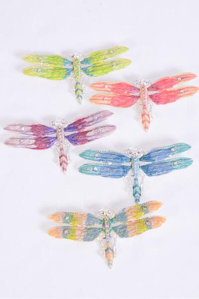 Brooch Enamel Dragonfly Rhinestones / 12 pcs = Dozen Size - 3.5'' x 2'' Wide , Opp Bag & UPC Code , Choose Colors