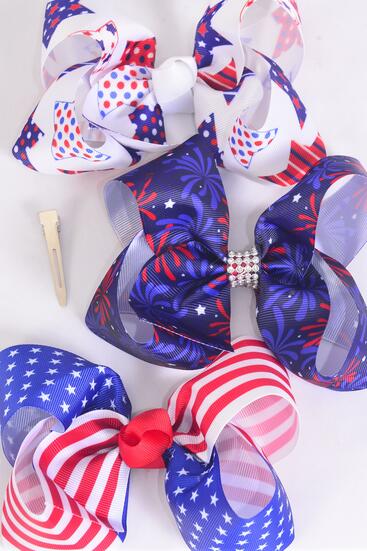 Hair Bow Jumbo Patriotic Stars Stripes Firework Mix Grosgrain Bow-tie / 12 pcs Bow = Dozen Alligator Clip , Bow - 6" x 5" Wide , 4 Of Each Pattern Asst , Clip Strip & UPC Code
