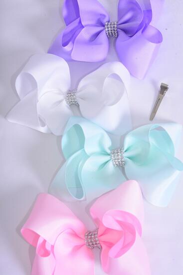 Hair Bow Jumbo Center Clear Stones Spring Breeze Grosgrain Bow-tie / 12 pcs Bow = Dozen Spring Breeze , Alligator Clip , Size - 6" x 5" Wide , 3 Lavender , 3 White , 3 Mint Green , 3 Baby Pink Color Asst , Clip Strip and UPC Code