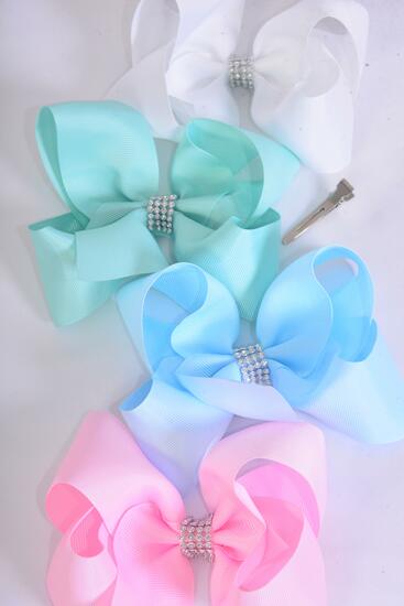 Hair Bow Jumbo Center Clear Stones Ocean Breeze Grosgrain Bow-tie / 12 pcs Bow = Dozen Ocean Breeze , Alligator Clip , Size - 6" x 5" Wide , 3 White , 3 Baby Pink , 3 Baby Blue , 3 Mint Green Color Asst , Clip Strip and UPC Code