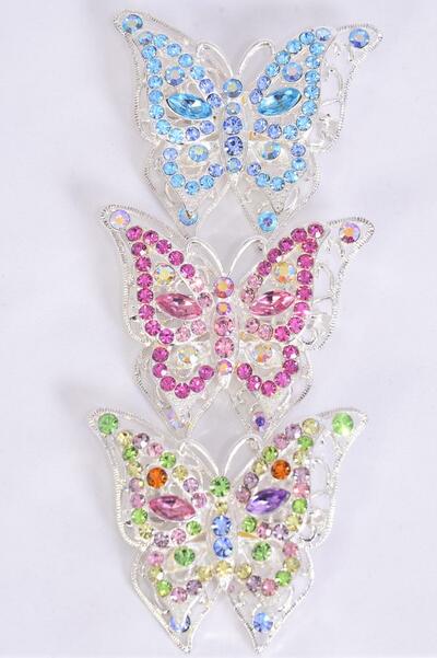Brooch Butterfly Large Rhinestones / 12 pcs = Dozen Size - 2" x 2" Wide , Display Card & OPP Bag , Choose Colors