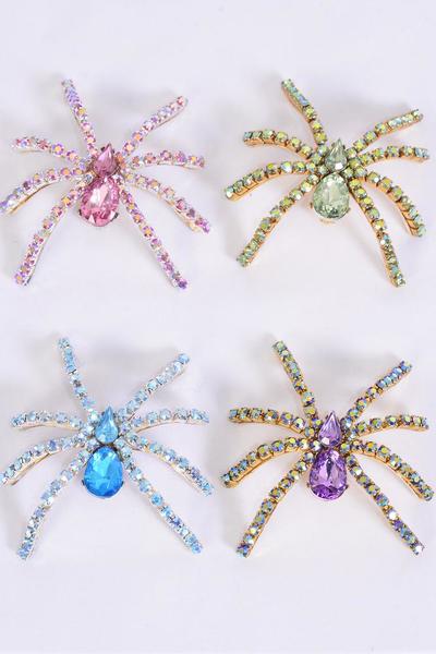 Brooch Spider Iridescent Rhinestones / 12 PCS = Dozen Size - 2.5" x 2.25" Wid e, Come Gift Box ,Choose Colors