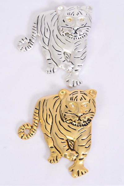 Brooch Tiger Pin Matte Finish / 12 pcs = Dozen Tiger , Size - 3" x 2.5" Wide , Display Card & OPP bag & UPC Code
