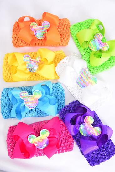 Ballerina Headband Mouse Ear Charm Grosgrain Bow-tie Citrus / 12 pcs = Dozen   Stretch , Ballerina - 2.75" Bow - 5" x 4" , 2 White , 2 Fuchsia , 2 Purple , 2 Yellow , 2 Blue , 1 Lime , 1 Orange Mix , Hang Tag & OPP Bag & UPC Code