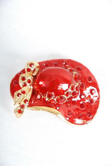 Brooch Large Red Hat Enamel Rhinestones / 12 pcs = Dozen Size - 2.25" x 1.25 Wide , Display Card & OPP Bag