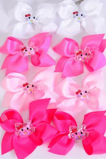 Hair Bow 24 pcs Center Cute Kitty Cat Charm Pink Mix Grosgrain Bow-tie / 24 pcs Bow = Dozen  Alligator Clip , Size - 3.5" x 3" Wide , 3 White , 3 Baby Pink , 3 Hot Pink , 3 Fuchsia Color Asst , Clip Strip & UPC Code