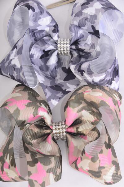Hair Bow Jumbo Camouflage Butterfly Print Grosgrain Bow-tie Camo / 12 pcs Bow = Dozen Camo , Alligator Clip , Size - 6" x 5" Wide , 6 Of Each Pattern Asst , Hang Tag and UPC Code