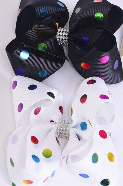 Hair Bow Jumbo Metallic Holographic Polka dots Black White Mix Grosgrain Bow-tie / 12 pcs Bow = Dozen   Alligator Clip , Size - 6" x 5" Wide , 6 Of each Pattern Asst , Clip Strip & UPC Code