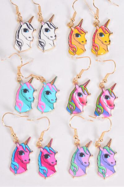 Earrings Unicorn Enamel Color Asst / 12 pair = Dozen  match 25753 27678 Multi , Fish Hook , 2 Of each Pattern Asst , Earring Card & OPP Bag & UPC Code