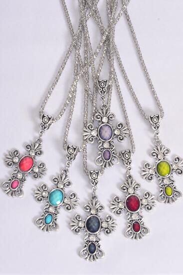 Necklace Silver Chain Cross Marble Look Multi / 12 pc = Dozen match 25005 Pendant - 1.75" x 1.25" Wide , 18" Extension Chain , 2 Of Each Color Asst , Hang Tag & OPP Bag & UPC Code