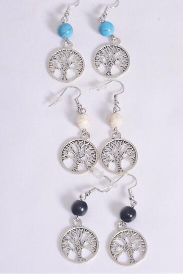 Earrings Tree of life Semiprecious Stone / 12 pair = Dozen Fish Hook , Size - 1.75" x 0.75" Wide , 4 Black , 4 Ivory , 4 Turquoise Asst , Earring Card & OPP Bag & UPC Code 