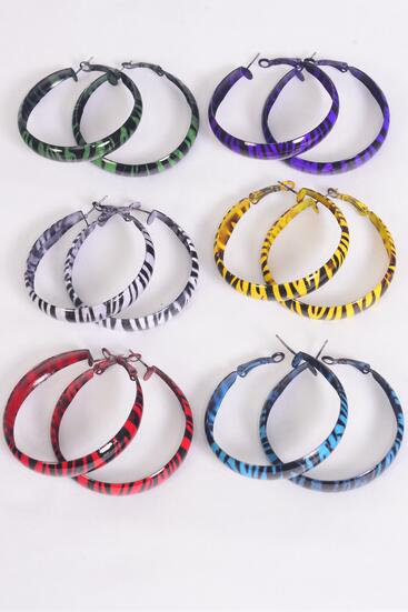 Earrings Metal Hoop Zebra Multi / 12 Pair = Dozen  Post , Size - 1.75" Wide , 2 White , 2 Red , 2 Blue , 2 Yellow , 2 Purple , 2 Green Color Mix , Earring card & OPP bag & UPC Code 