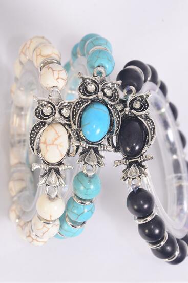 Bracelet Sideways Owl 10 mm Semiprecious Stone / 12 pcs = Dozen  Match 02661 Stretch , Owl -1.25" x 0.75" Wide , 4 Black , 4 Ivory , 4 Turquoise Asst , Hang Tag & OPP Bag & UPC Code