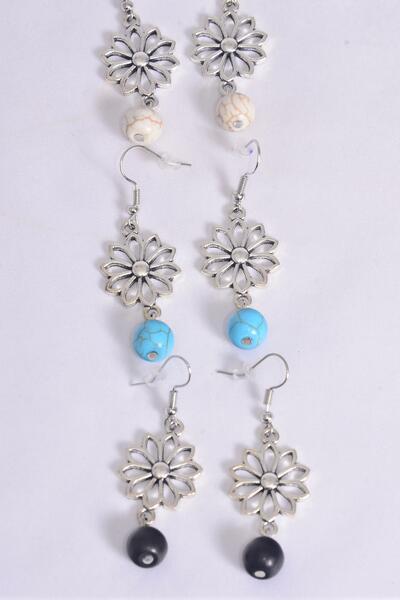Earrings Metal Daisy Flower Semiprecious Stone / 12 pair = Dozen Fish Hook , Size - 1.25" x 1" Wide , 4 Black , 4 Ivory , 4 Turquoise Asst , Earring Card & OPP Bag & UPC Code