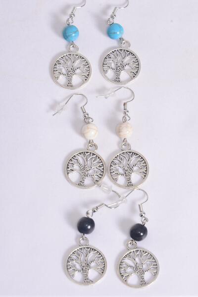 Earrings Tree of life Semiprecious Stone / 12 pair = Dozen Fish Hook , Size - 1.75" x 0.75" Wide , 4 Black , 4 Ivory , 4 Turquoise Asst , Earring Card & OPP Bag & UPC Code 