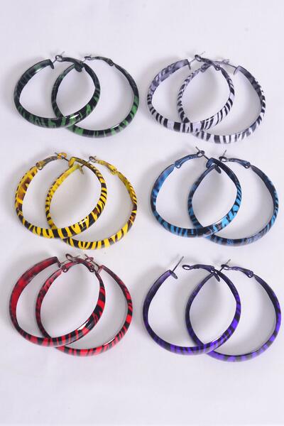 Earrings Metal Hoop Zebra Multi / 12 Pair = Dozen  Post , Size - 1.75" Wide , 2 White , 2 Red , 2 Blue , 2 Yellow , 2 Purple , 2 Green Color Mix , Earring card & OPP bag & UPC Code 